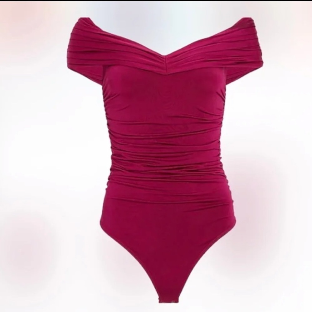 Express Body Contour Off Shoulder Ruched Thong Bodysuit Purple Size XL